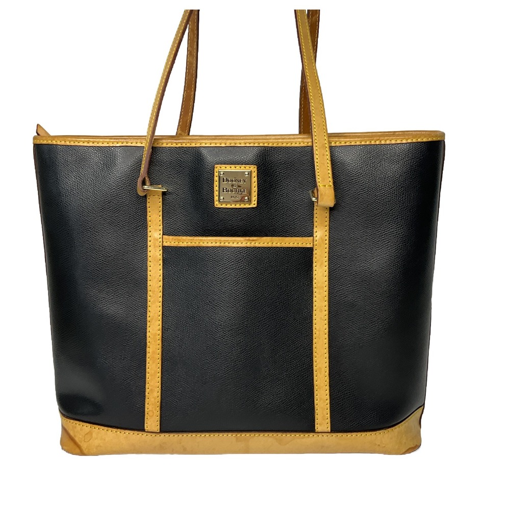 Dooney & Bourke Patterson Handbag Tote Bag Black Pebble Leather Camel Tan Trim
